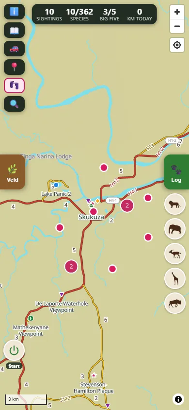 The MyKrugerHoliday app showing a live map of Kruger with logged wildlife sightings